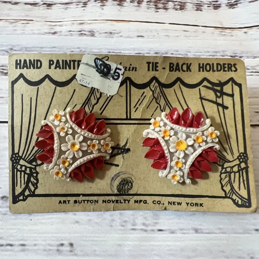 Vintage Flower Curtain Tie-Back Holders Set Of 2 Art Button Novelty Co w/‎ Card!